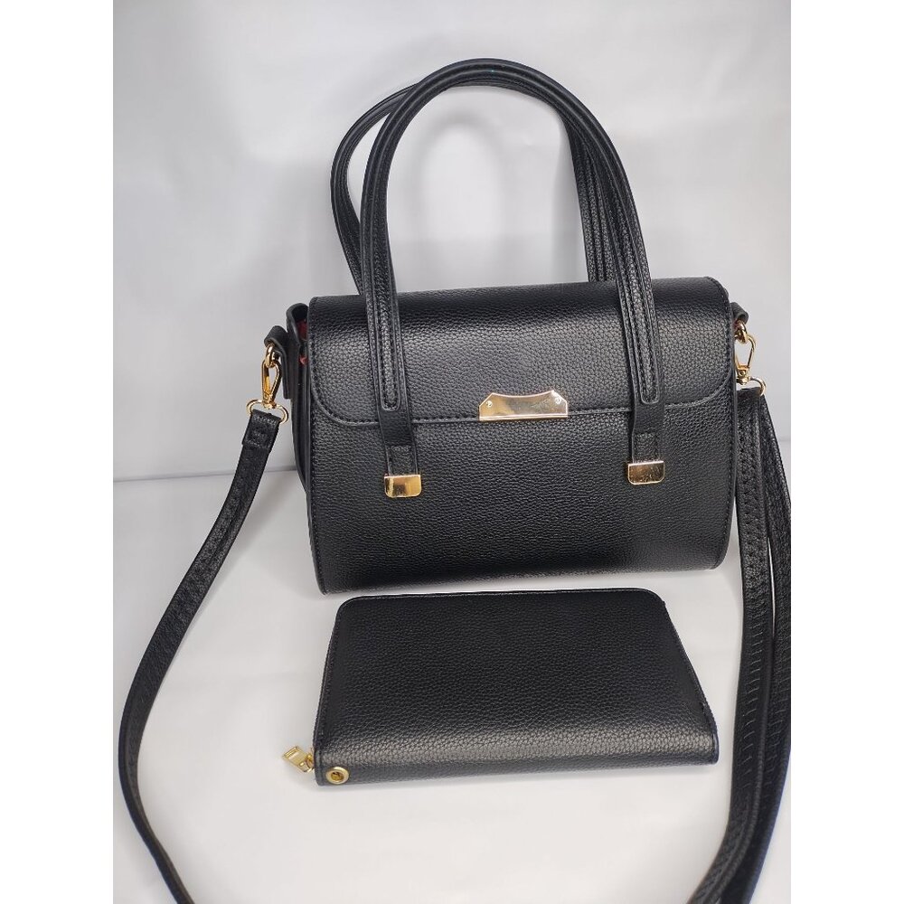 Black Faux Leather Handbag & Wallet Combo Set With Gold Accents